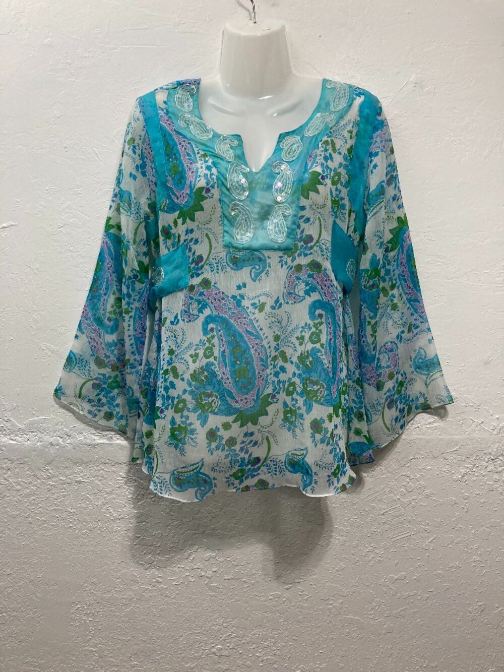 Quiet Storm Tunic top Paisley Embellished Blue sheer Bell sleeve Festival Boho